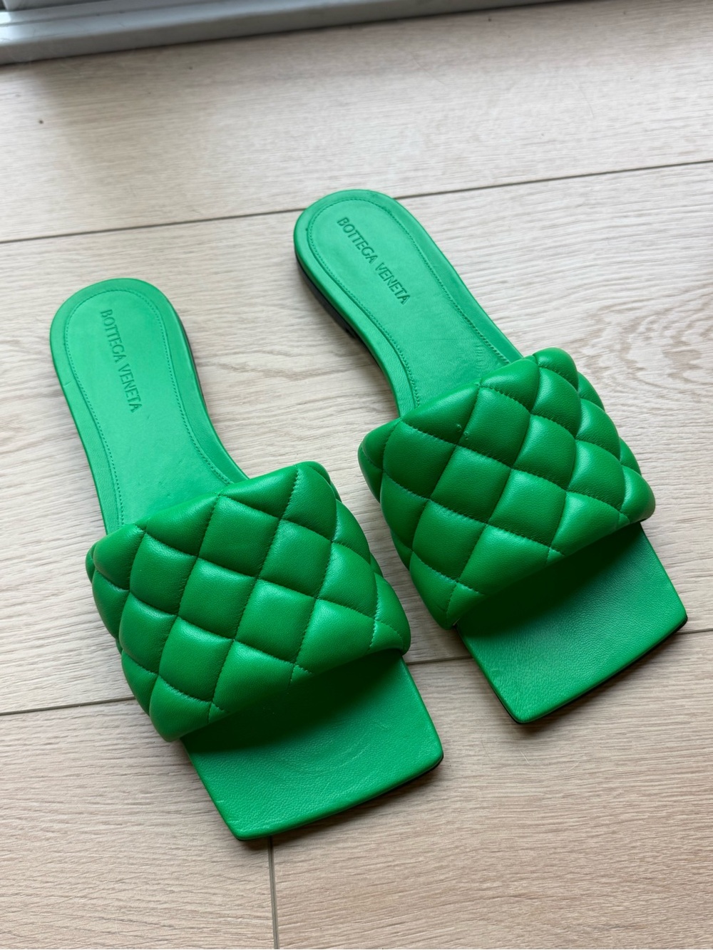 Bottega Veneta Bright Green Quilted Slide Sandals